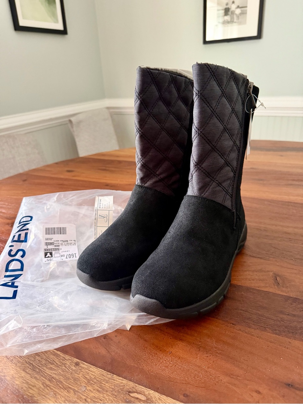 LANDS' END Womens 8W Black Suede Quilted Lined Side Zip Winter Snow Boots NEW